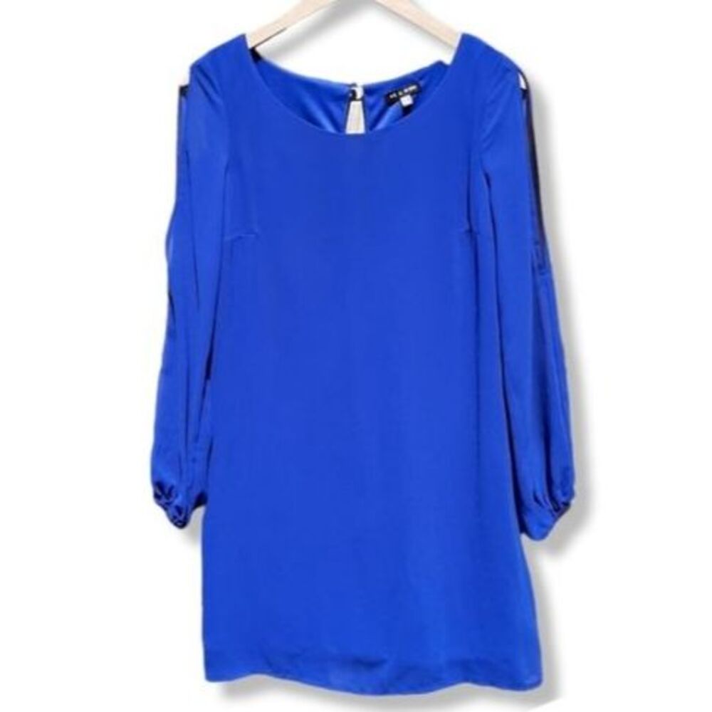 As U Wish Mini Dress Cold Shoulder Blue Sheer Lined Key Hole Long Sleeve Size S